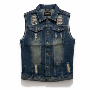 Distressed Denim Vest Button Front Sleeveless Jean Jacket Size M